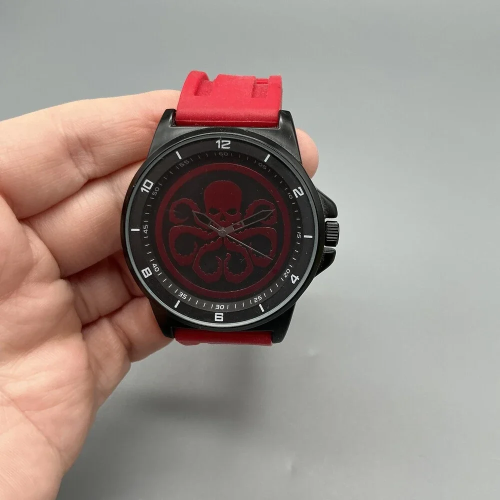 Marvel Mens Watch 42mm Black Hydra Logo Dial Red Silicone AAV1361 New Battery